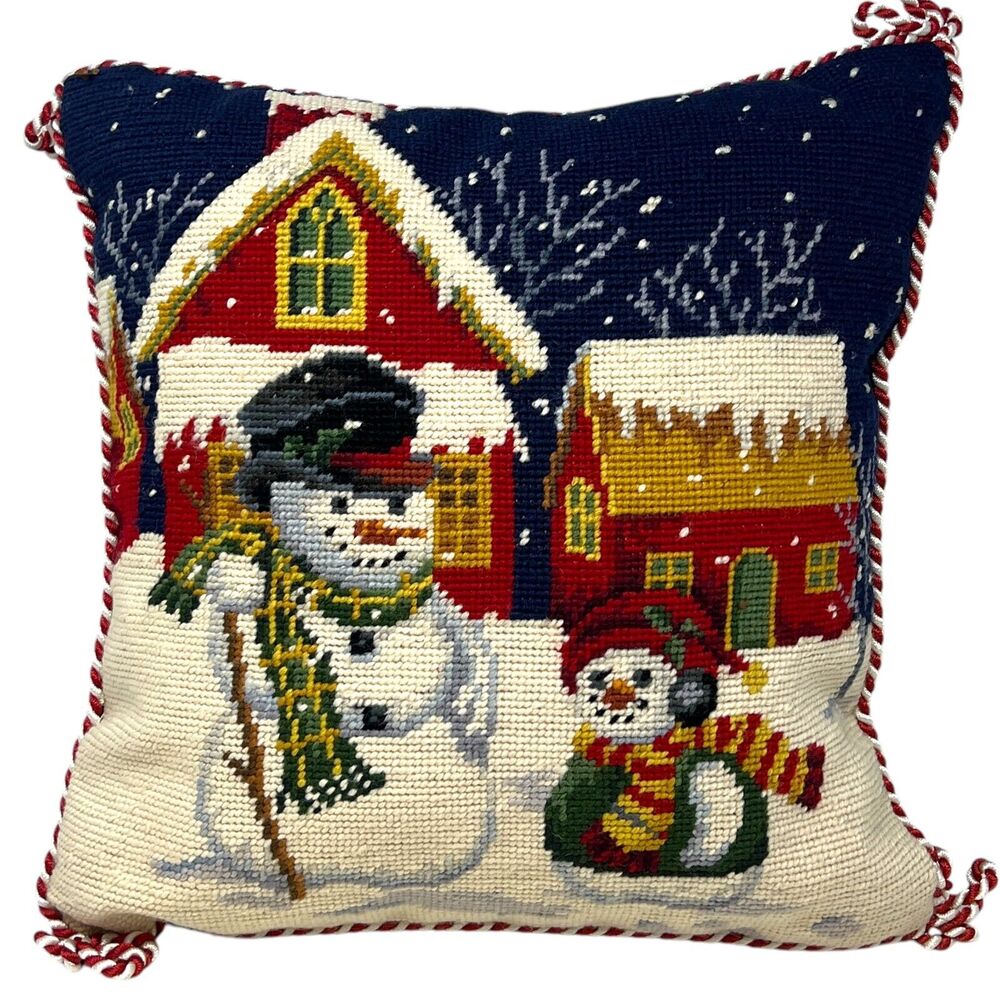 Needlepoint Winter Scene Throw Pillow Houses with Snow and Snowmen‎ Trees Snow